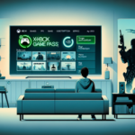 Gamer di ruang tamu menimbang Xbox Game Pass dan game fisik dengan layar penuh katalog game beragam.