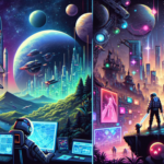 Ilustrasi kolase Starfield, dunia cyberpunk, fantasi The Witcher, dan game kasual penuh makhluk imut.