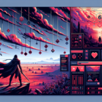 Ilustrasi gamer fantasi di gurun merah, ikon berita CS2, PlayStation Network, dan bundel Humble Choice modern.