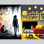 Ilustrasi dunia game kelam bertemu ruang tamu modern penuh pernak-pernik dan promo bertema gaming.