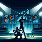 Ilustrasi stadion baseball malam hari dengan pitcher dan batter siap duel, dihiasi elemen menu game modern.