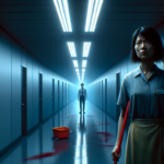 Petugas kebersihan di koridor kantor remang dengan bayangan wanita merah dan pria botak di kejauhan.