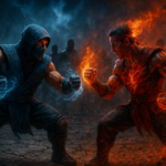 Ilustrasi duel brutal bergaya fantasi gelap di arena, dua petarung saling menyerang dengan efek api dan es.