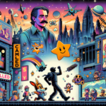 Ilustrasi kolase berita game: dunia suram, petualangan kosmik, film batal rilis, dan diskon besar game PC.