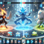 Ilustrasi pertempuran arena PvP tiga lawan tiga bergaya monster elemental di game mobile kompetitif.