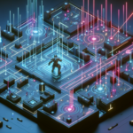 Ilustrasi arena futuristis penuh peluru neon dengan satu karakter menghindar di sudut pandang isometrik.