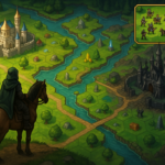 Ilustrasi peta strategi fantasi isometrik dengan kota manusia terang dan benteng gelap, penuh tambang, artefak, dan pasukan siap bertarung.
