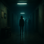 Lorong apartemen tua Fangjiang yang remang dengan pintu berkarat dan tiga sosok misterius samar di kejauhan.