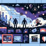 Ilustrasi kolase berita game harian dengan adegan game dramatis, petualangan luar angkasa ceria, film, dan perpustakaan digital.
