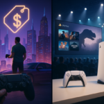 Ilustrasi gamer membahas harga GTA 6, PS5, PS Plus, dan game dinosaurus eksklusif di panggung event 2026.