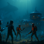 Ilustrasi penyelam futuristik co-op membangun markas di laut alien dengan makhluk raksasa samar di kejauhan.