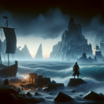 Ilustrasi bajak laut sendirian di pantai berkabut, kapal kecil dan pulau misterius di kejauhan.