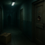 Koridor apartemen sempit temaram dengan pintu kusam, paket misterius, dan siluet tetangga mengawasi dari kejauhan.