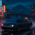 Ilustrasi mobil sport Jepang drifting di kota malam penuh neon dengan latar gunung berkabut.