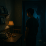 Ruang tamu rumah mencekam dengan foto keluarga, piring kotor, dan siluet pria menatap lorong gelap berhantu.