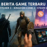 Kolase ilustrasi pemburu fantasi, ksatria realistis, dan handheld gaming modern sebagai rangkuman berita game terbaru.