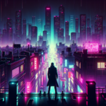 Ilustrasi kota cyberpunk bergaya pixel art dengan karakter siluet di atap saat malam hujan.