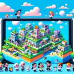 Ilustrasi pulau kecil penuh avatar lucu dengan drama konyol di konsol game modern.