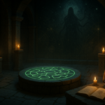 Ruang ritual batu remang dengan altar simbol occult bercahaya dan mural kosmik bergaya puzzle Lovecraftian.