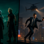 Ilustrasi dua dunia game: JRPG futuristik dan aksi mata-mata modern berdampingan dalam satu gambar sinematik.