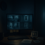 Ruang pengawasan gelap dengan monitor CCTV menampilkan rumah aneh, simbol spiral Azgorath, dan lorong menyeramkan di kejauhan.