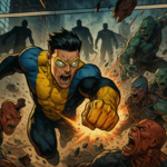 Ilustrasi tag fighter komik brutal, tim tiga pahlawan super melancarkan serangan kombinasi di kota yang hancur.