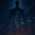 Ilustrasi alien kosmik memodifikasi manusia menjadi berbagai bentuk post-human yang aneh di latar ruang angkasa gelap.