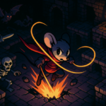Ilustrasi Mina, tikus petualang bercorak retro, menghantam monster dengan cambuk di ruang dungeon gotik sempit.
