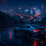 Ilustrasi mobil sport drifting di jalan pegunungan Jepang dengan latar kota neon di malam hari.