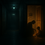Koridor apartemen tua gelap dengan siluet nenek dan anak kecil di balik pintu bercahaya hangat.