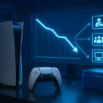 Ilustrasi strategi baru PlayStation: grafik penjualan menurun, konsol modern, dan ikon ekspansi PC serta live service.