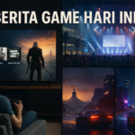 Ilustrasi berita game harian: layanan langganan, dunia fantasi, kota open-world, dan panggung event game besar.