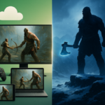 Ilustrasi konsol hijau multi-platform dan prajurit mitologi berkapak di dunia bersalju, melambangkan Xbox dan God of War.