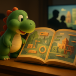 Dinosaurus hijau imut menjelajahi buku misterius raksasa penuh platform dan puzzle ramah anak.