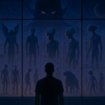 Manusia menatap deretan wujud post‑human aneh di depan siluet raksasa alien penguasa evolusi.