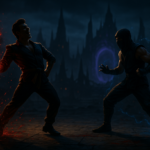 Ilustrasi dua petarung siluet bertarung di arena gelap ala Mortal Kombat dengan nuansa brutal dan nostalgik.