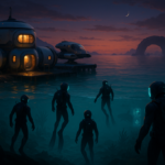 Empat penyelam futuristis menjelajah markas bawah laut dengan bioma asing dan siluet makhluk raksasa di kejauhan.