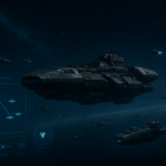 Armada kapal perang manusia melarikan diri di ruang angkasa gelap dengan antarmuka taktis holografis futuristis.