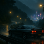 Ilustrasi mobil JDM drifting di jalan touge Jepang berkabut dengan kota neon futuristis di kejauhan.