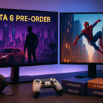 Ilustrasi setup gamer membandingkan pre order GTA 6 dan update gratis game superhero modern di dua layar.