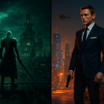 Ilustrasi kontras dunia fantasi gelap ala JRPG dengan aksi spionase modern bergaya agen rahasia.