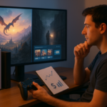 Ilustrasi gamer di depan konsol dan layar besar menampilkan dunia RPG, horor, dan bundel game digital.