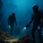 Dua penyelam futuristik menjelajah laut dalam penuh karang, kristal bercahaya, dan markas bawah laut samar di kejauhan.
