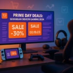 Setup gaming modern dengan konsol, headset, monitor, dan kursi ergonomis berlatar suasana diskon Prime Day 2024.