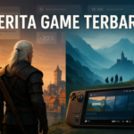 Kolase ilustrasi pemburu fantasi, lanskap mirip Middle-earth, dan handheld gaming modern untuk berita game terbaru.