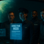 Kru kapal luar angkasa menatap hologram Directive 8020 dengan latar planet asing yang mengancam.