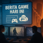 Ilustrasi studio game modern dengan pengembang, berita game di layar besar, dan bayangan tekanan bisnis korporasi.