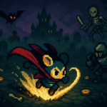 Ilustrasi heroina 8-bit bertarung di kuburan berkabut menuju kastil gelap dengan gaya retro modern.