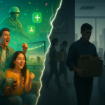 Ilustrasi kontras kegembiraan Xbox Game Pass Juni 2026 dengan bayang-bayang PHK dan penutupan studio game.