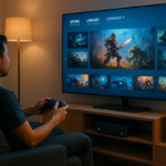 Ruang tamu modern dengan TV 4K, Steam Machine kecil di rak, dan gamer santai di sofa memegang kontroler.